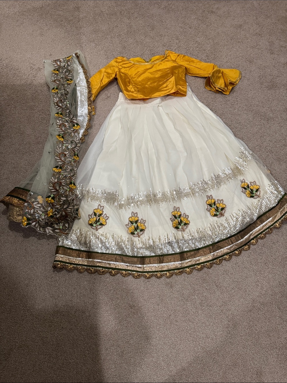 Girls White & Mustard Floral Embroidered Lehenga Set